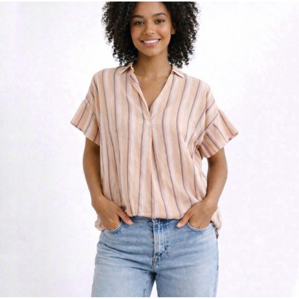 Madewell Courier Button Back Shirt Rainbow Stripe SS Top Size Small Oversized